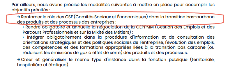 Capture d'écran de l'article de la Loi Climat et résilience qui concerne le rôle du CSE dans la transition écologique.